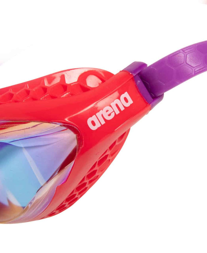 Arena Airspeed racing goggles with copper, coral, and plum mirror lenses, designed for competitive swimming.
