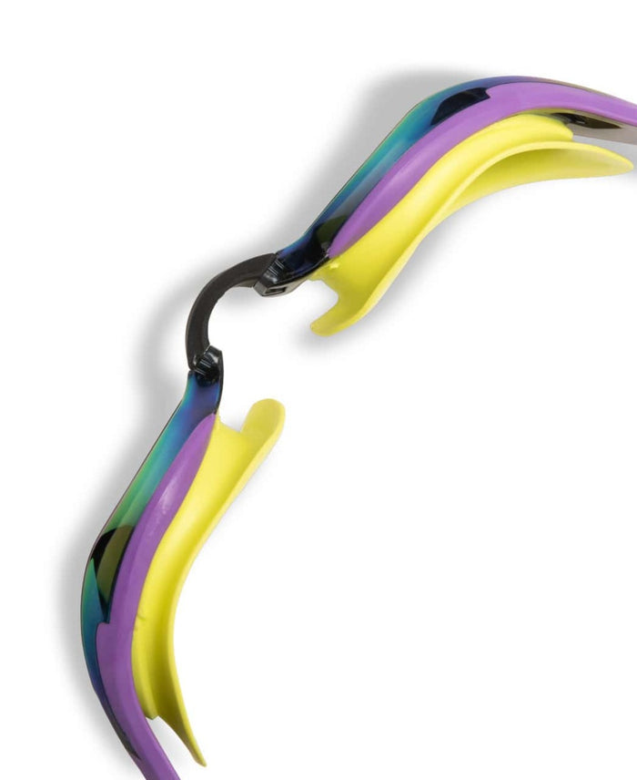 Arena Cobra Edge Swipe Mirror Racing Goggles in emerald, plum, and lime with reflective lenses for competitive swimming.