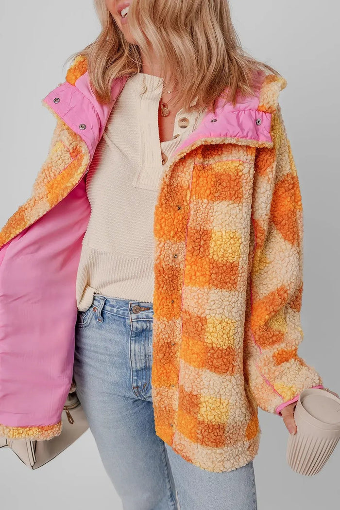 Orange Checkered Sherpa Hooded Jacket - Outerwear/Jackets