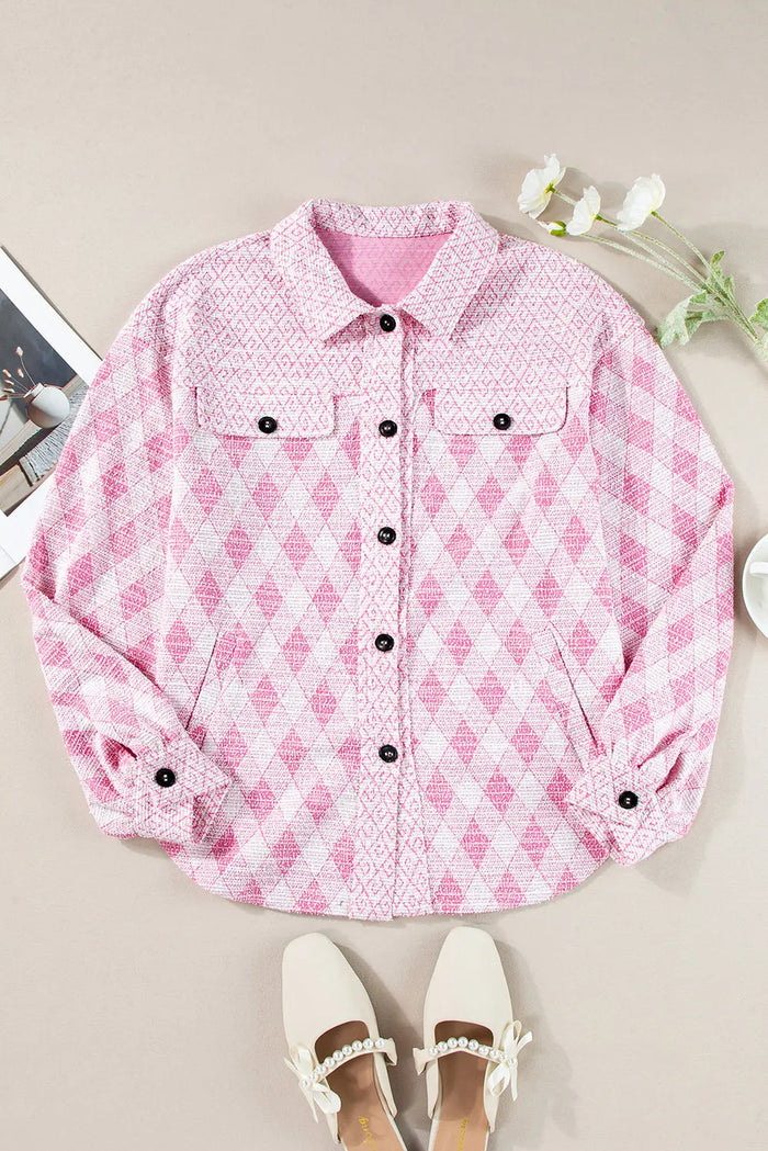 Delicacy Geometric Print Textured Flap Detail Shacket with Pocket - Outerwear/Jackets