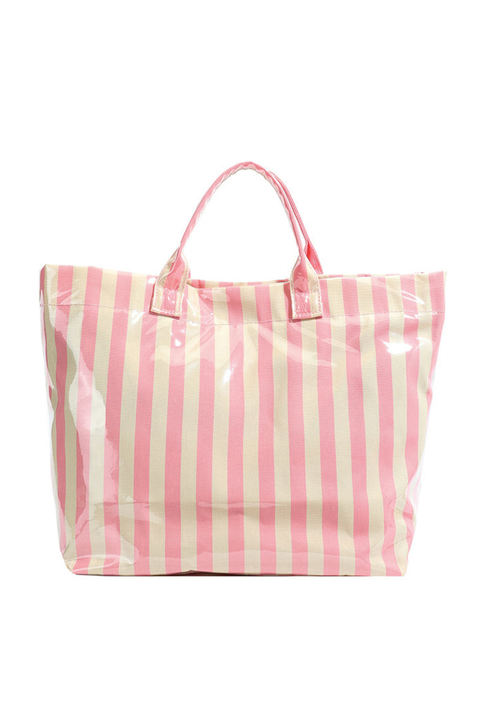 Glossy Pink Striped Large Tote Bag – Waterproof Vinyl Beach & Travel Carryall