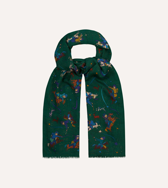 Green Mughal and Stars Print Wool Scarf