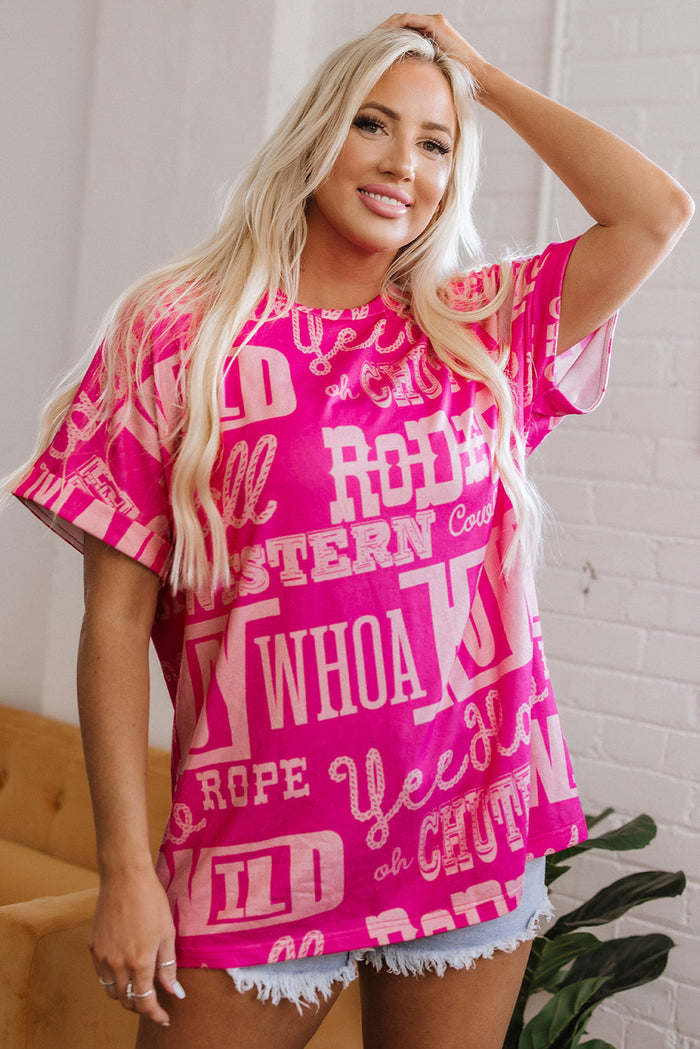 Rose Howdy Cowboy Letter Printed Western Fashion Tee - Tops/Tops & Tees