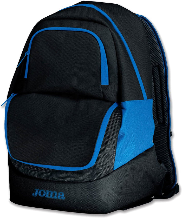 Joma Diamond II backpack in black and blue with adjustable straps and spacious main compartment.