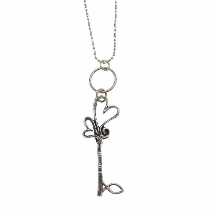 Silver key necklace with intertwined hearts, delicate chain.