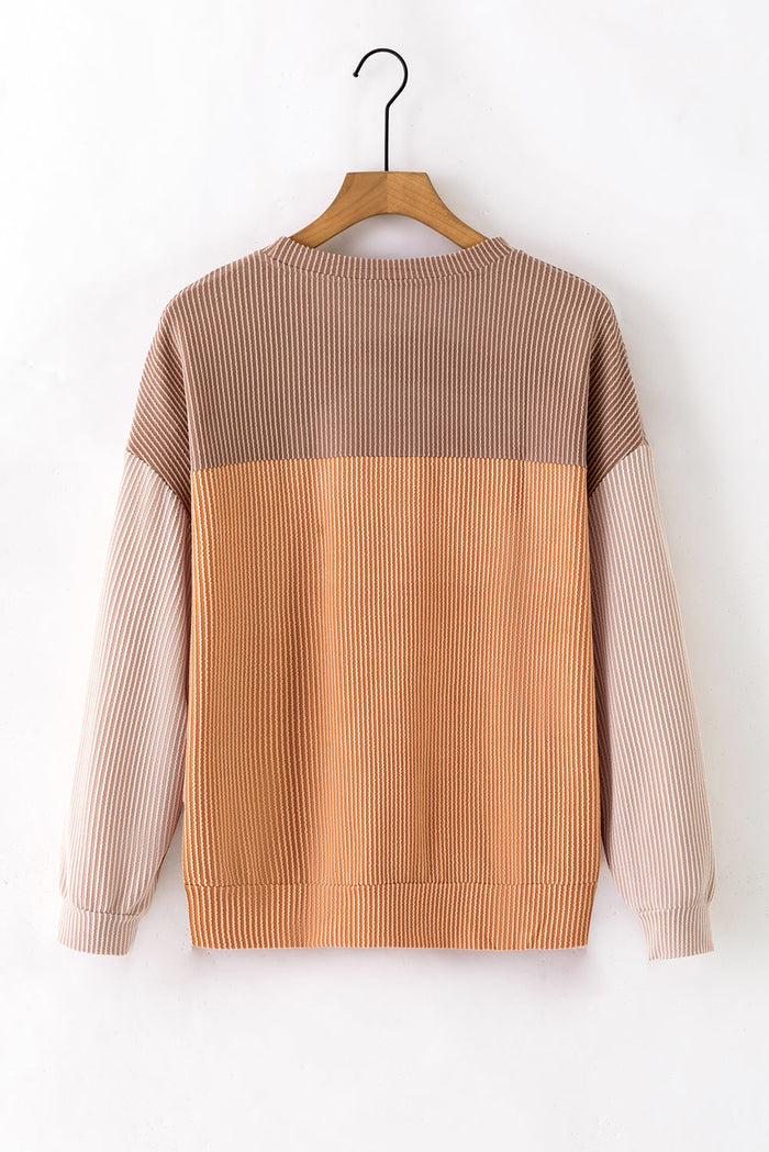 Khaki Colour Block Long Sleeve Ribbed Loose Top - Tops/Long Tops
