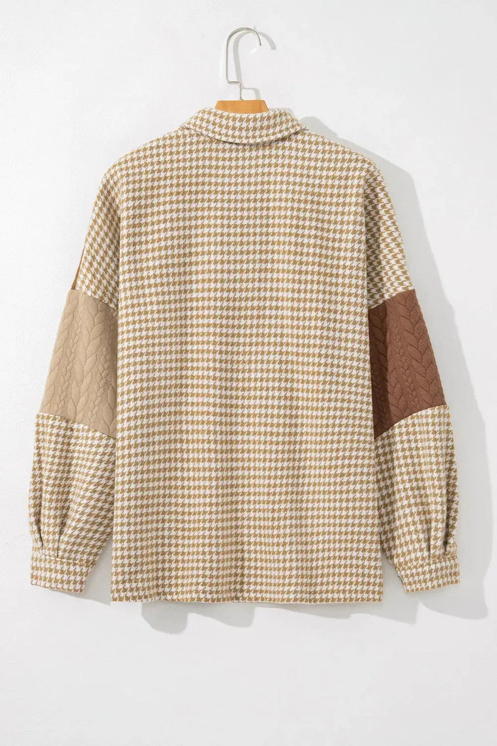 Khaki Houndstooth Colour Contrast Textured Patchwork Loose Shacket - Outerwear/Jackets