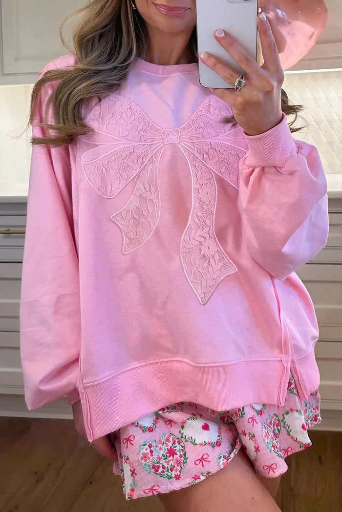 Lace Insert Bow Embroidered Exposed Seam Sweatshirt - Tops/Sweatshirts & Hoodies