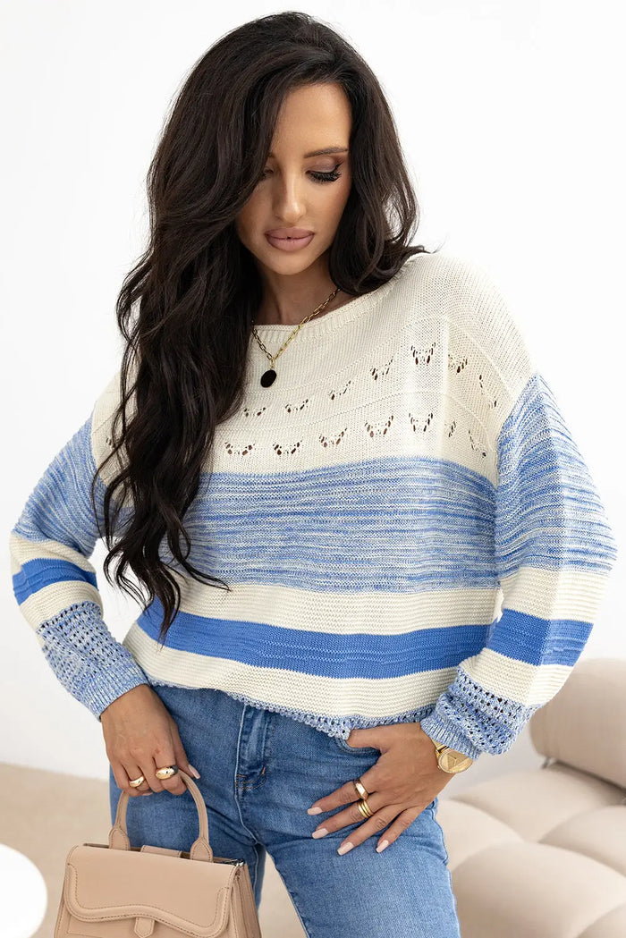 Light Blue Open Stitch Puff Sleeve Sweater - Tops/Sweatshirts & Hoodies