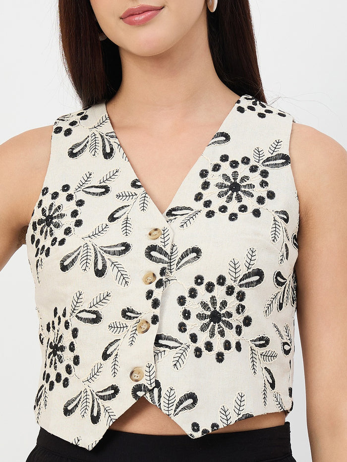 Madame Beige Embroidered Linen-Blend Vest Top