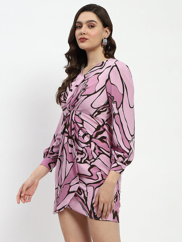 Madame Butterfly Print Wrap Style Surplice Neck Mauve Mini Dress