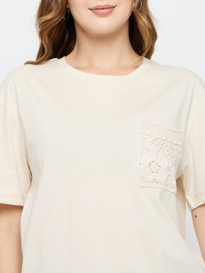 Madame Embroidered Patch Pocket Beige Cotton T-shirt