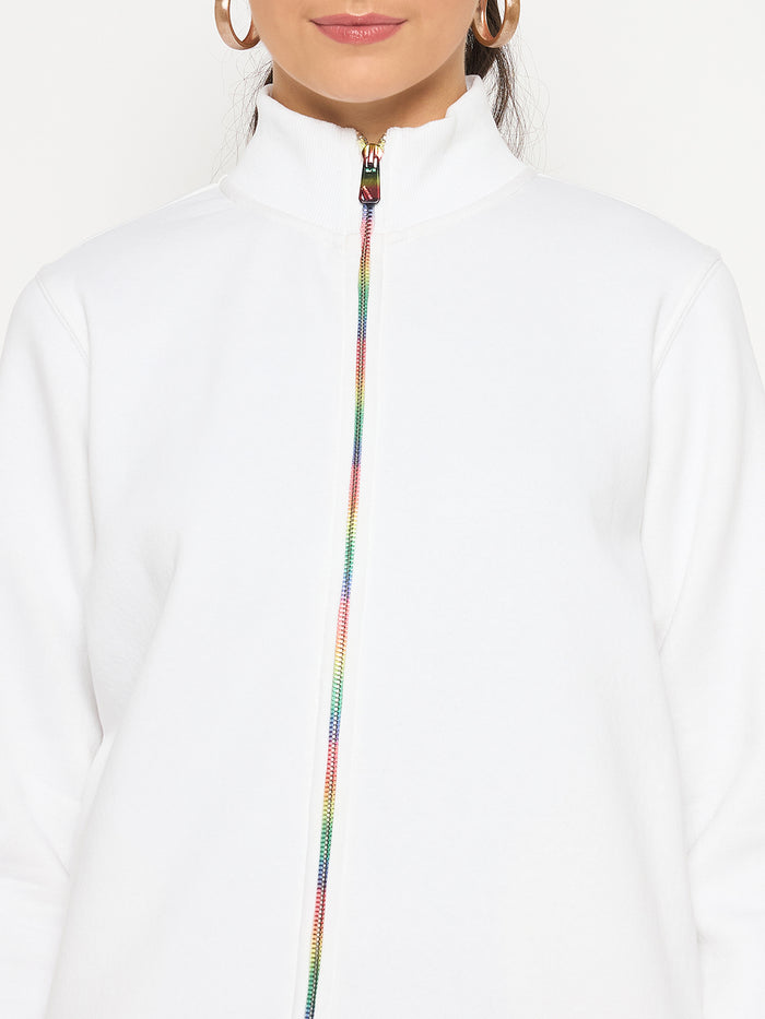 Madame Fleece T Neck Front Zip White Sweatshirt