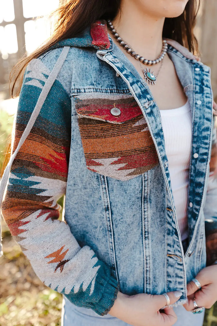 Multicolour Aztec Print Frayed Hem Denim Jacket - Outerwear/Denim jackets