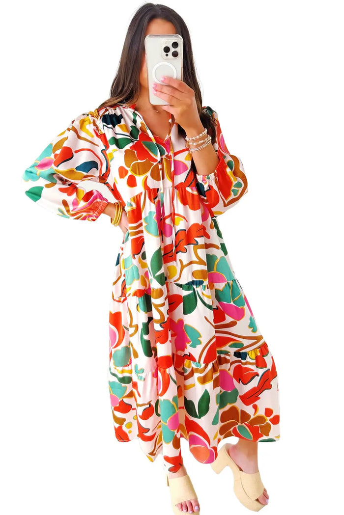 Orange Floral Print Split V Neck Tiered Maxi Dress - Dresses/Maxi Dresses