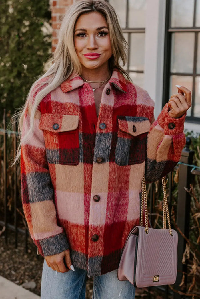 Orange Plaid Print Flap Pockets Buttoned Casual Plus Size Jacket - Size/Plus Outerwear
