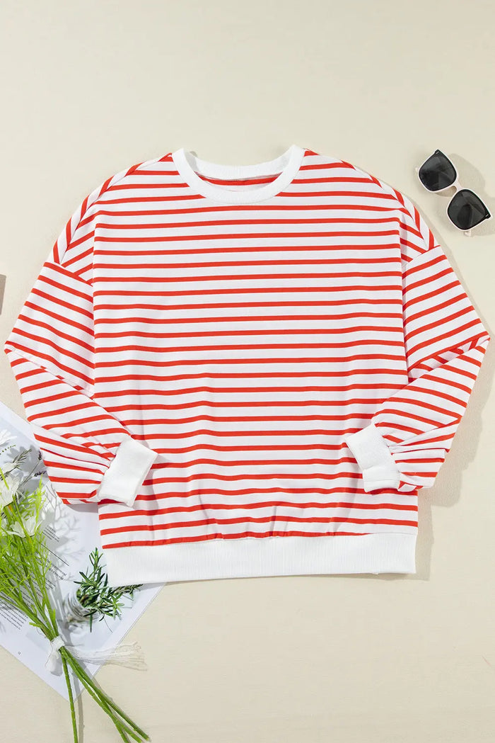 Orange Stripe Drop Shoulder Crew Neck Loose Sweatshirt - Tops/Sweatshirts & Hoodies