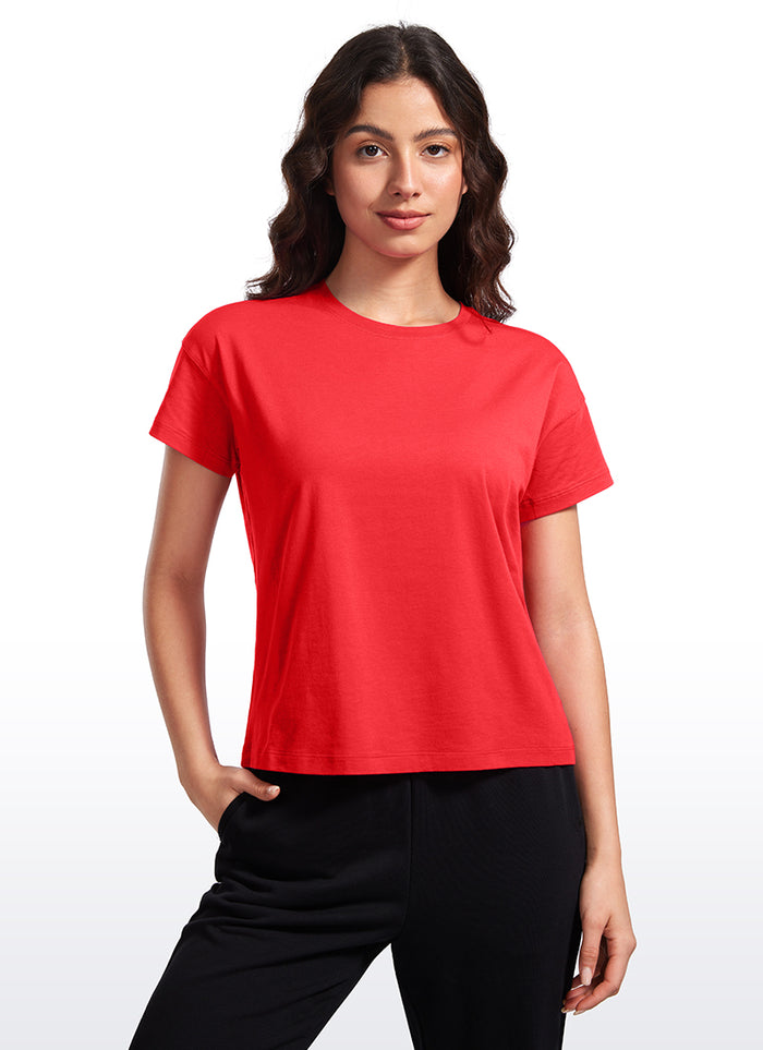 CRZ YOGA Women's Yoga Loose Fit Shirt Pima Cotton Short Sleeves Deep Red