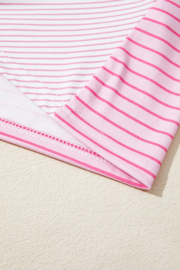 Pink Striped Exposed Seam Casual Long Sleeve Top - Tops/Long Tops