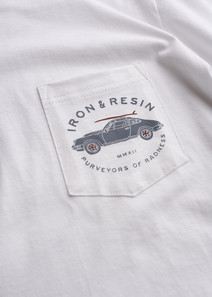 White shirt with "Iron & Resin" logo on pocket, featuring a vintage car design and "Purveyors of Radness" text.