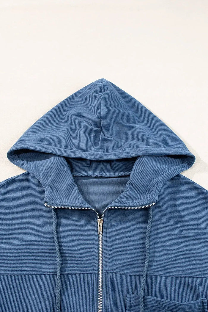 Real Teal Corduroy Drawstring Hooded Pocket Zip Up Jacket - Outerwear/Jackets