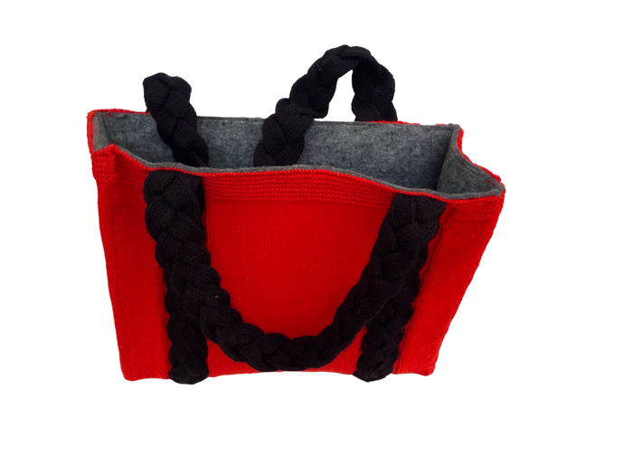 Red & Black - Hand knitted Blended wool Bag -Felt lining Inside - Mojopanda Organic Store