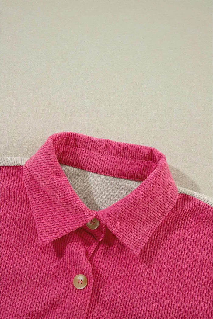 Rose Red Colourblock Curved Hem Corduroy Shacket with Pocket - Outerwear/Jackets