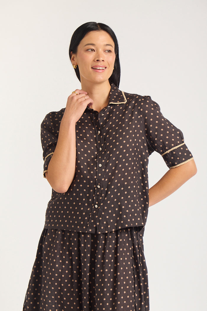 Ruby Ramie Shirt In Choc/Beige Spot