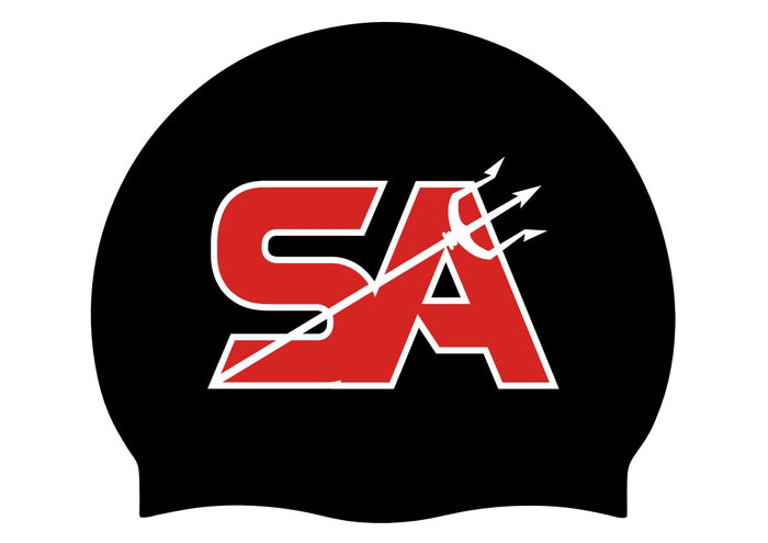 Black Sandwell Aquatics SC cap featuring the Allens Swimwear logo on the front, made from lightweight swim cap material.