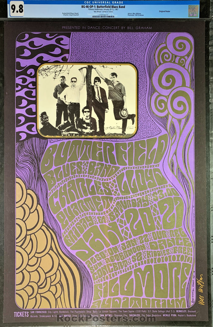 AUCTION - BG-46 - Butterfield Blues Band - 1967 Poster - Wes Wilson Signed - Fillmore Auditorium - CGC Graded 9.8-318844-199176