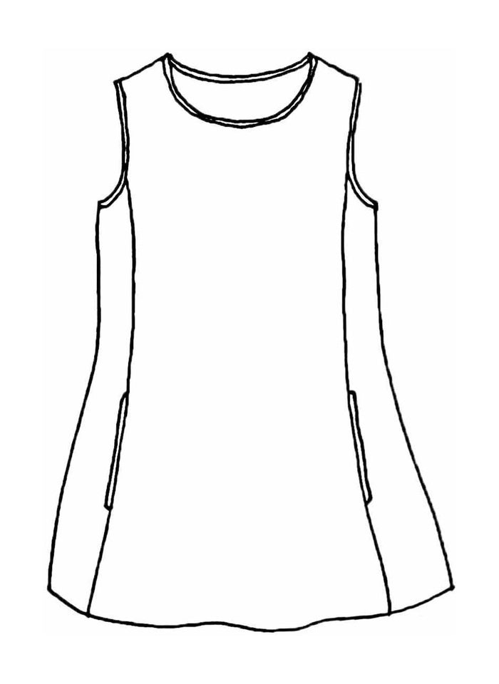 Side Pocket Tunic, detailed sketch shown. A sleeveless tunic with a high rounded neckline, ample shoulder coverage, vertical shaping seams, featuring 2 side seam pockets, and a flattering a-line shape. 100% Linen.