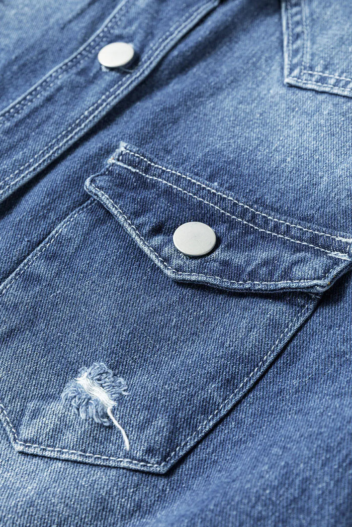 Sky Blue Light Wash Distressed Frayed Long Denim Jacket - Outerwear/Denim jackets