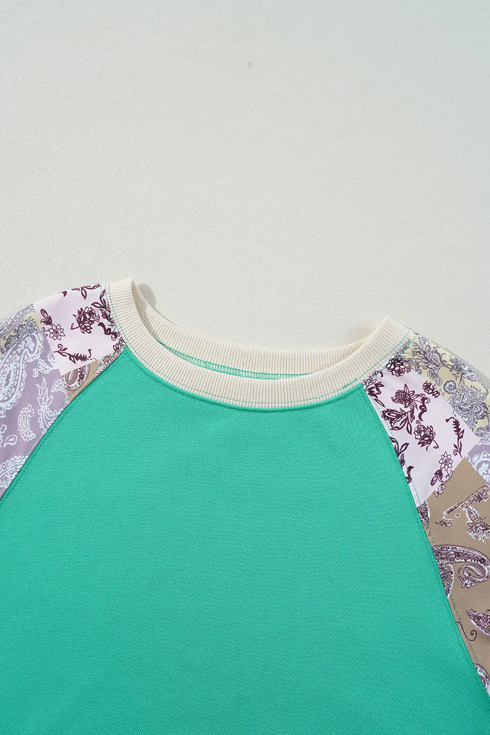 Sky Blue Plus Size Plaid Floral Patchwork Raglan Sleeve Sweatshirt - Size/Plus Sweatshirts & Hoodies
