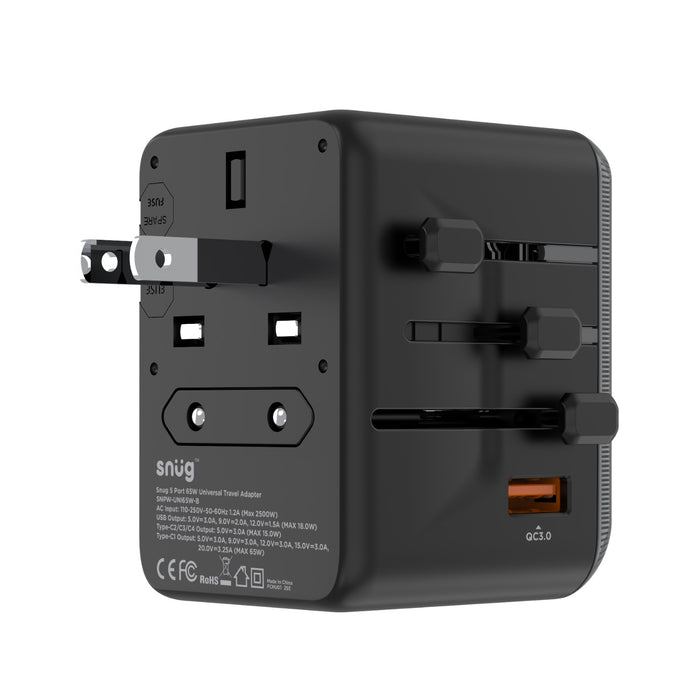 SNUG 5 Port Universal Travel Adapter - 65W - Black (SNPW-UNI65W-B)