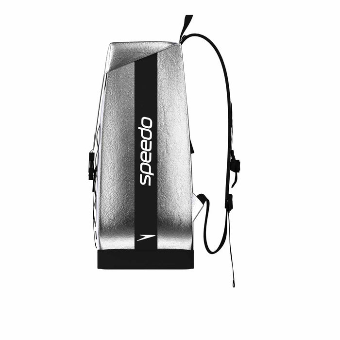 Speedo 35L Team Bag backpack in matte silver with adjustable straps and multiple compartments for sports and travel use.
