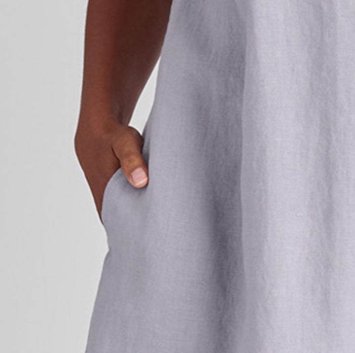 Tuck Back Dress, shown in Platinum. Zoomed in on the side seam pocket detail, which lands on the hip.