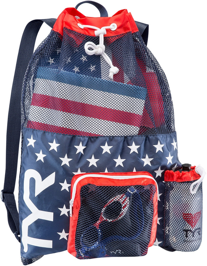 TYR Big Mesh Mummy Backpack mesh bag with adjustable straps and spacious main compartment for swimming gear and accessories.