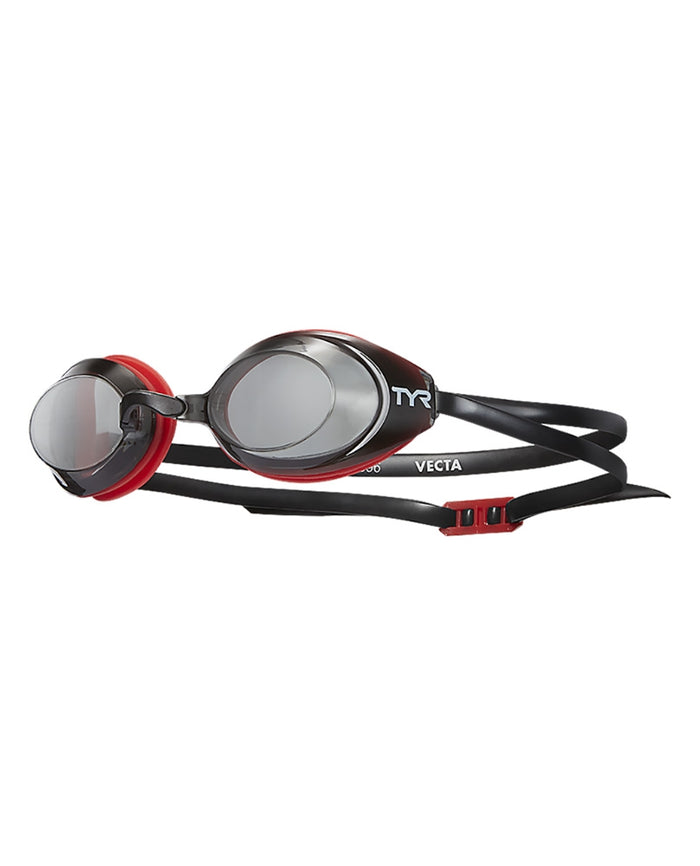 Red TYR Vecta Racing goggles with a sleek design, adjustable strap, and clear lenses for competitive swimming.