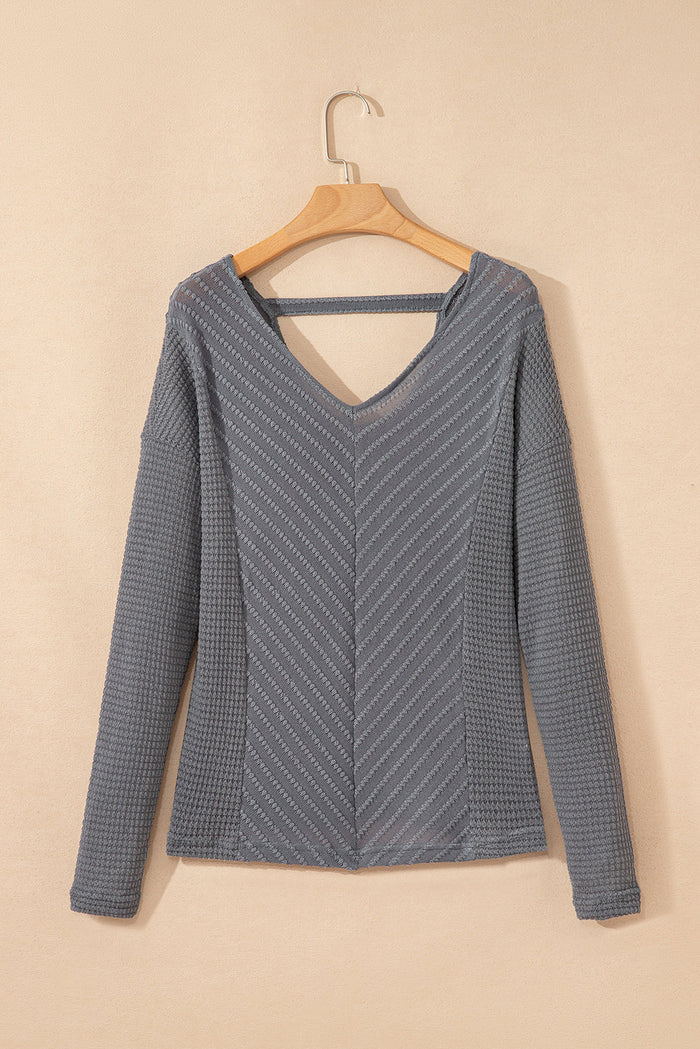 V-Neck Chevron Textured Long Sleeve Top - Tops/Long Tops