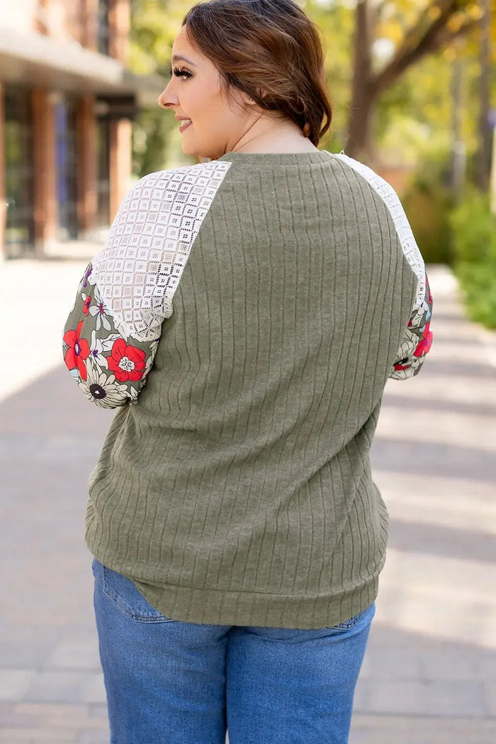 Shop Vineyard Green Plus Size Textured Floral Patchwork Raglan Sleeve Blouse at eAura