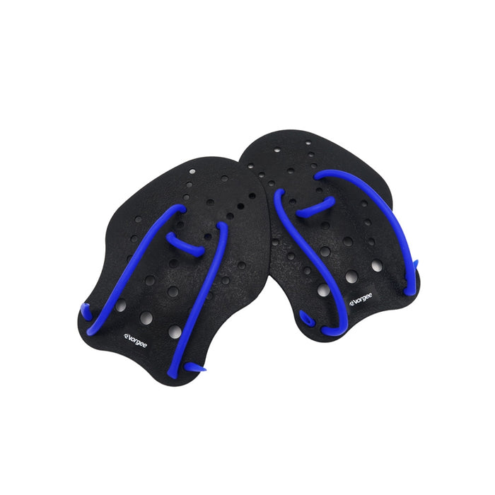 Large black Vorgee hand paddles for swimming training, designed to improve stroke strength and technique.