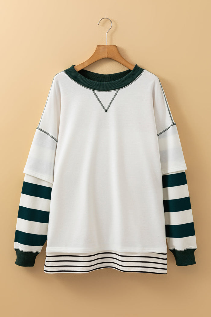 White Stripe Colourblock Sleeve Exposed Seam Fake-2-Piece Sweatshirt - Tops/Sweatshirts & Hoodies