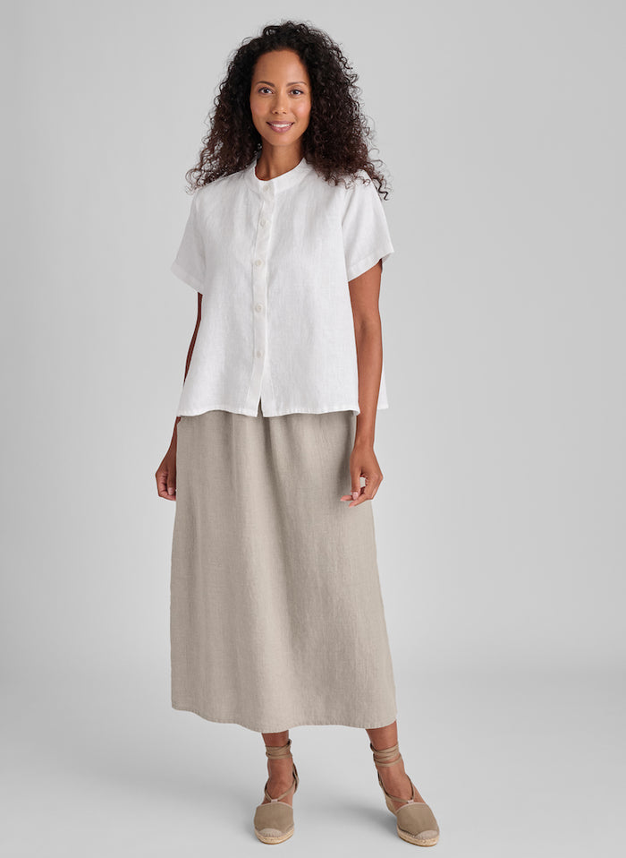 Zdenka Blouse (White) paired with the Go-To Skirt (Natural). Model is 5'9" tall, wearing size Small. 100% European Linen.