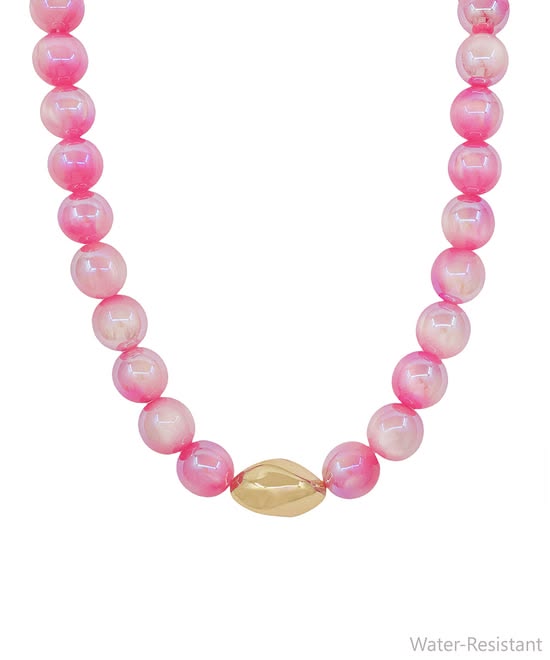 16" Pink Candy Bead & Geo Metal Statement Necklace Set – Water-Resistant