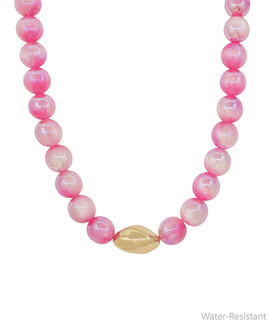 16" Pink Candy Bead & Geo Metal Statement Necklace Set – Water-Resistant