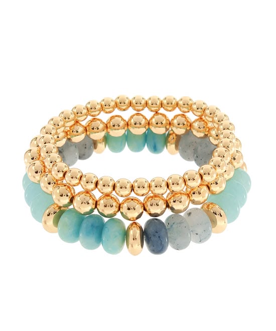 3-Row Teal Marble & Gold Stacked Stretch Bracelet