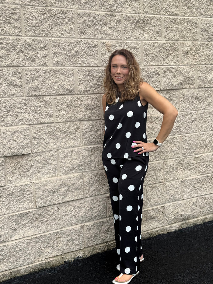 Polka Dot Pleated Tank & Flowy Wide-Leg Pants Two-Piece Set