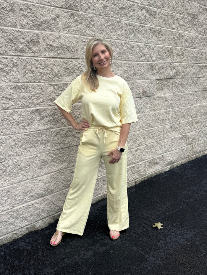 Sunshine Eyelet Lace Wide-Leg Two-Piece Lounge Set