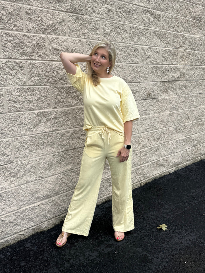 Sunshine Eyelet Lace Wide-Leg Two-Piece Lounge Set