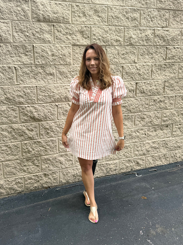 Orange & White Striped Smocked Puff Sleeve Dress